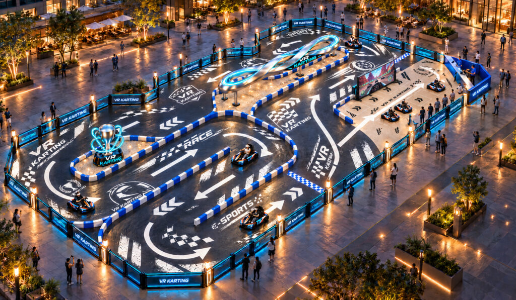 Wide view of a client mixed-reality karting venue with track, barriers and operating zones