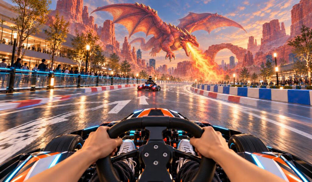 Mixed-reality karting game view with a virtual dragon overlay above the physical track