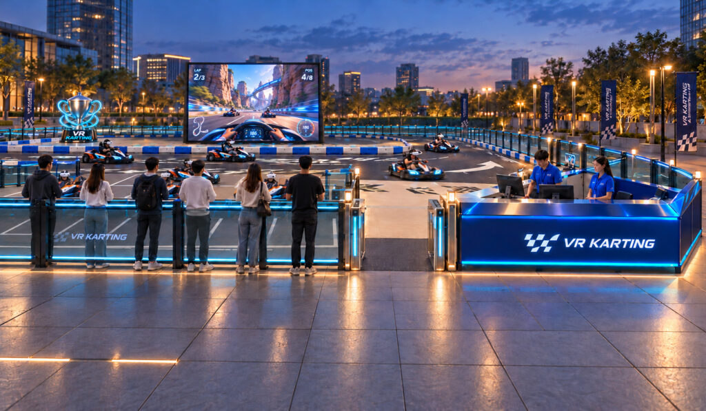 Client mixed-reality karting venue showing viewing area, operator desk and active track