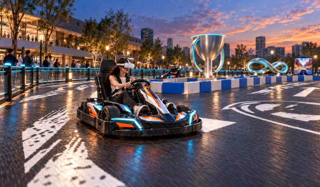 Rider using a passthrough headset while driving a kart at a client venue